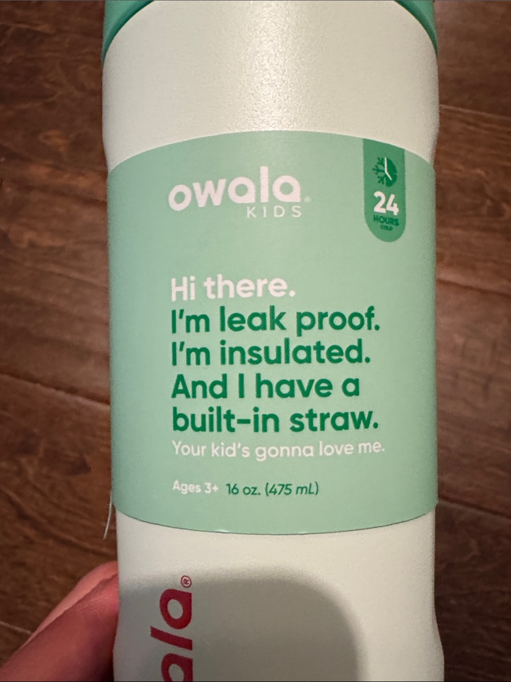 Owala Kids 16oz Insulated Straw Bottle in Mint Green and White with Red top - Picture 2 of 3